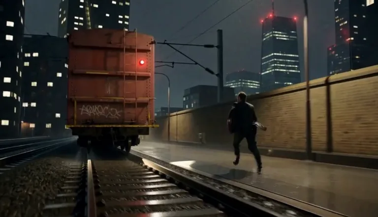 A night shot of a man chasing a train through a city, rendered by MiniMax H3