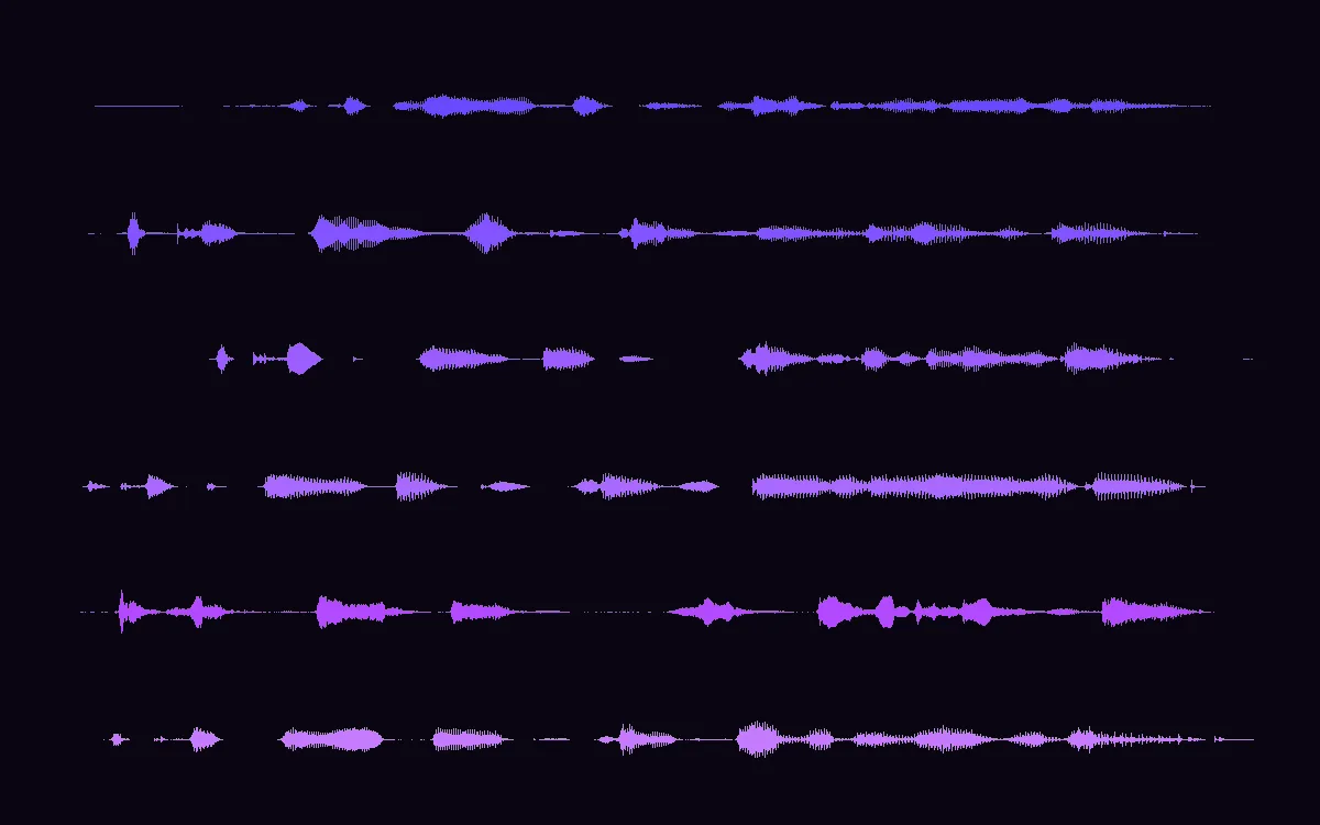 Six audio waveforms stacked in violet, one for each cloned voice