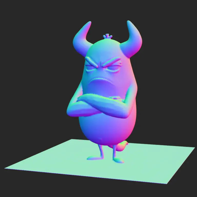 The same character as a bare 3D mesh, seen from a slightly different angle and standing on a ground plane
